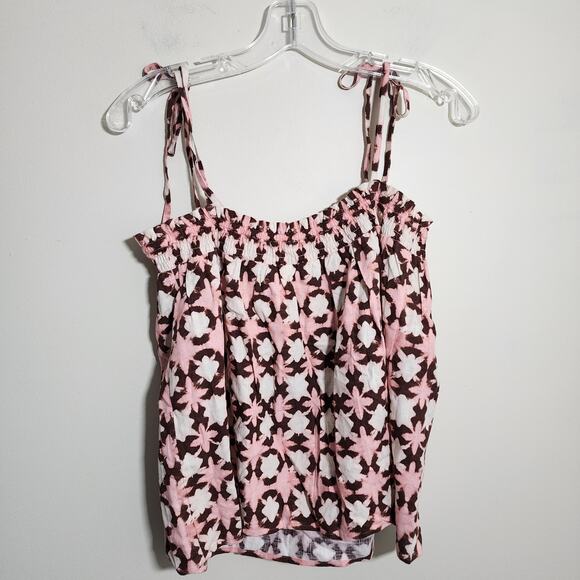 Loft NWT sunwashed linen blend floral smocked tie bow strap cami top womans sz M - Picture 6 of 10